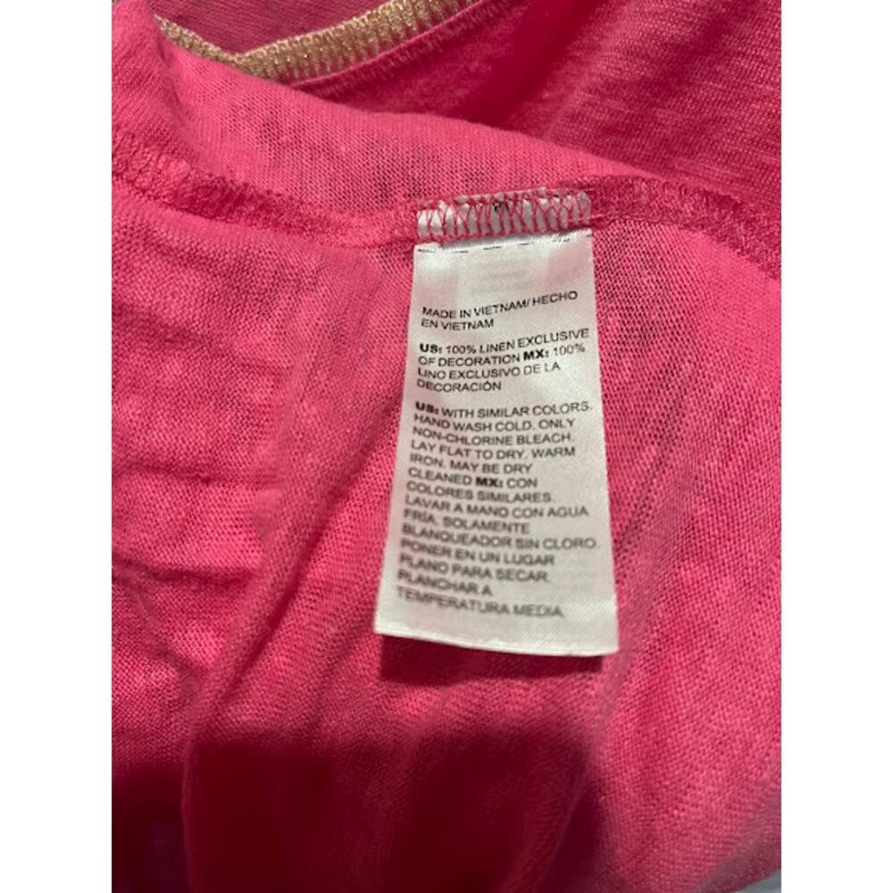 Chico's Shirt 100% Linen Short Sleeve V Neck Pink Gold Sparkle Sz XXL Preppy - Picture 4 of 7
